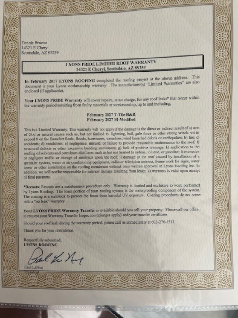 Roof warranty through 2.27