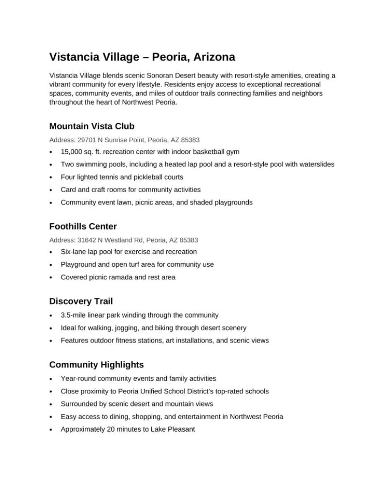 Vistancia Amenities List