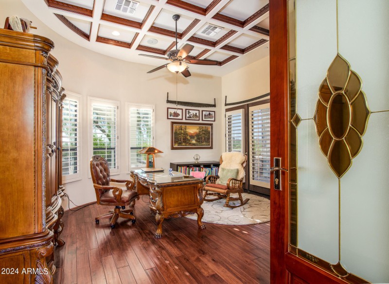 Office W/ Coffered Ceiling & Wood Floors