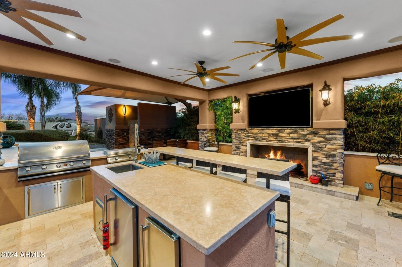 Outdoor kitchen and fireplace