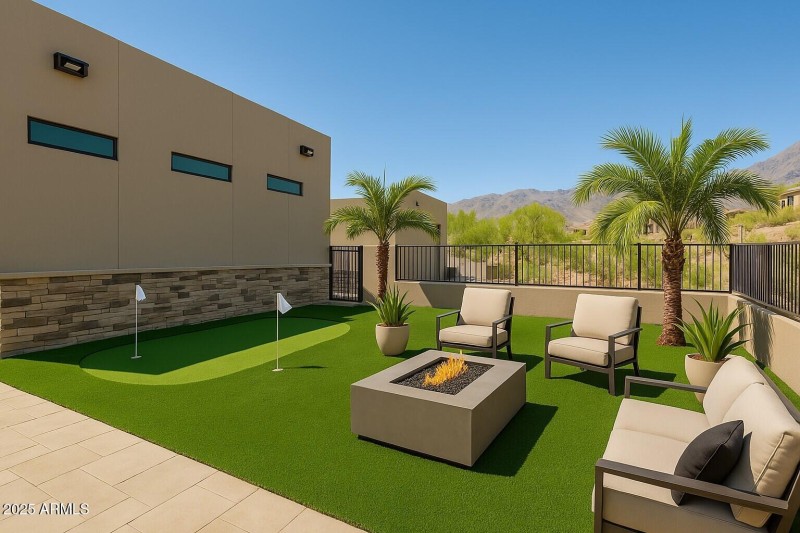 open space between garages- dog area, en