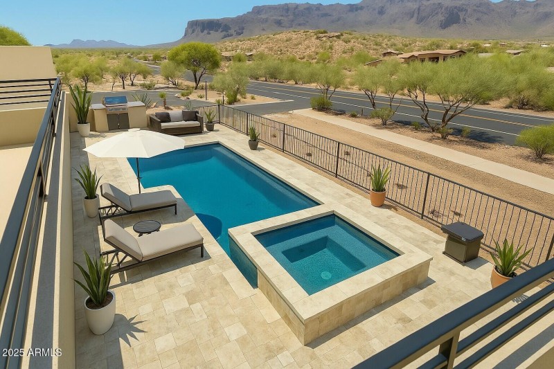 Pool desck from rooftop viewing staged