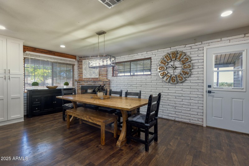 Dining room with wood fireplace