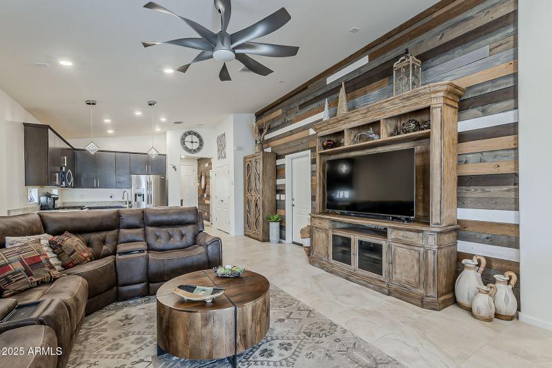 One wall has variegated wood planks.