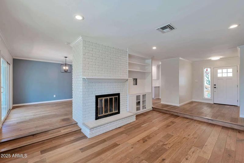 Family, dining and fireplace