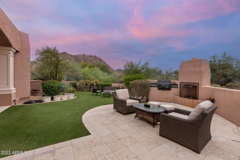 outdoor fireplace and artificial turf