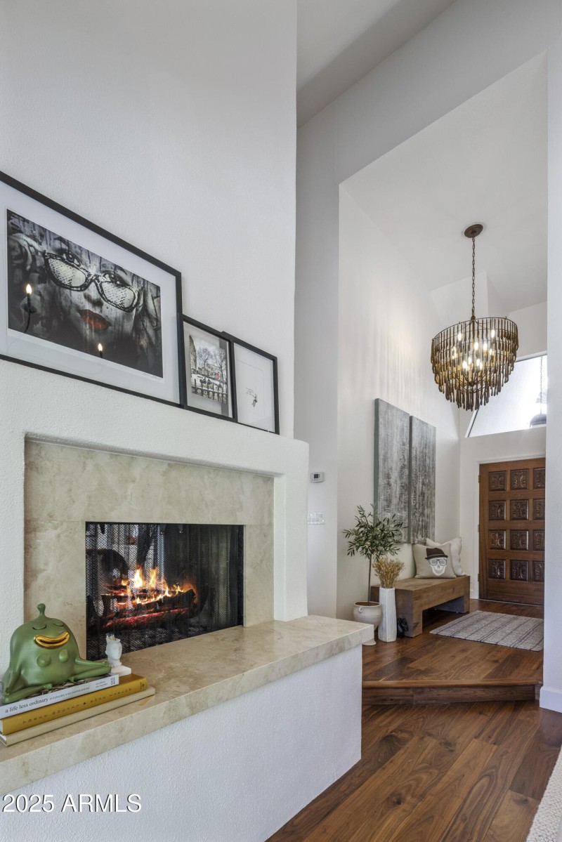 entry and fireplace