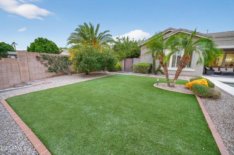 Synthetic grass and mature fruit trees
