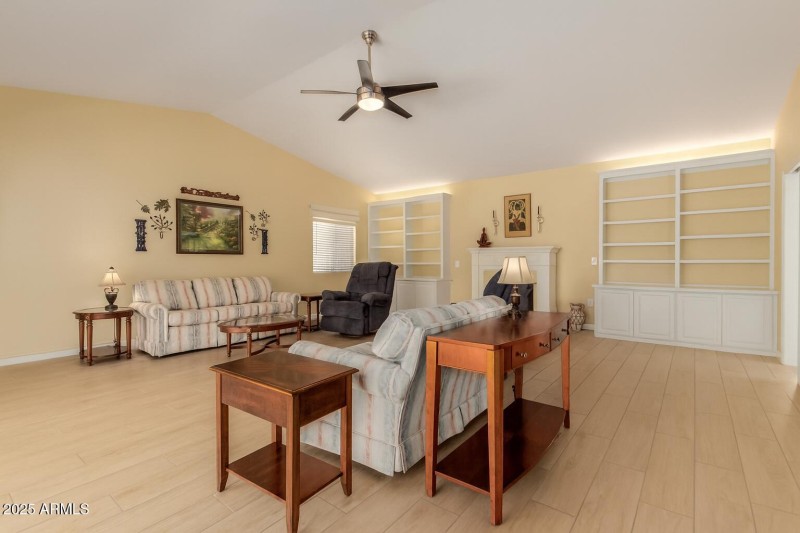 Living room with vaulted ceilings