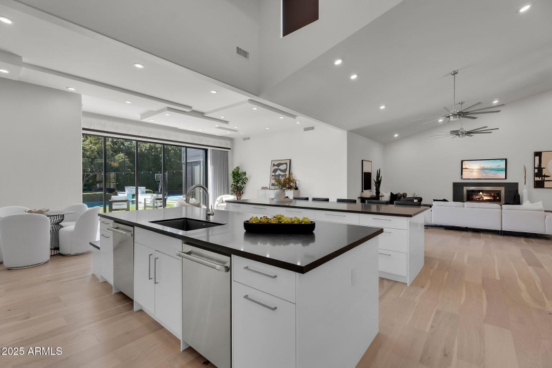 Kitchen overlooking backyard