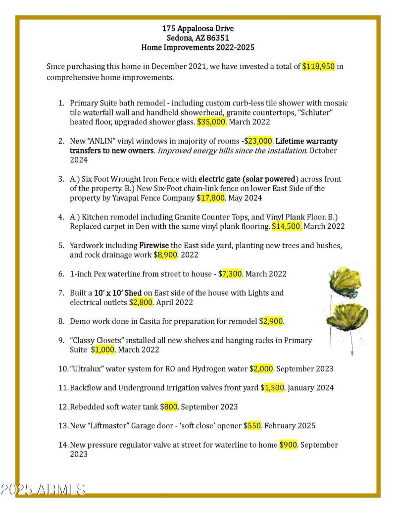 175 Appaloosa Dr. List of Improvements 2