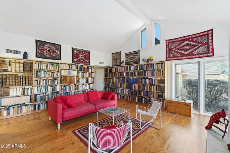 Living room has pine wood floors