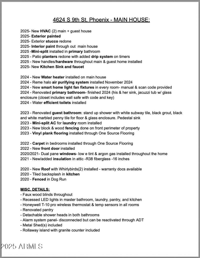 Improvements list Main House