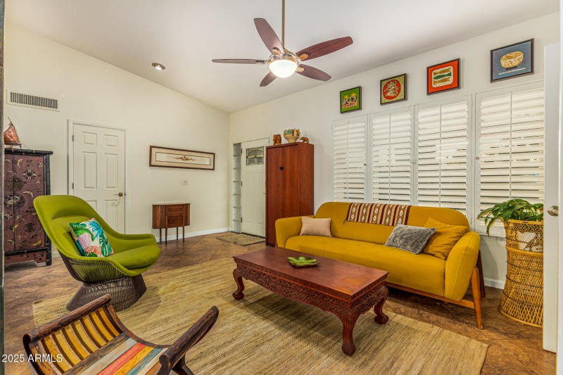 Bright living room with bold, midcentury