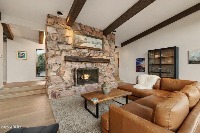 Quartz and sandstone fireplace