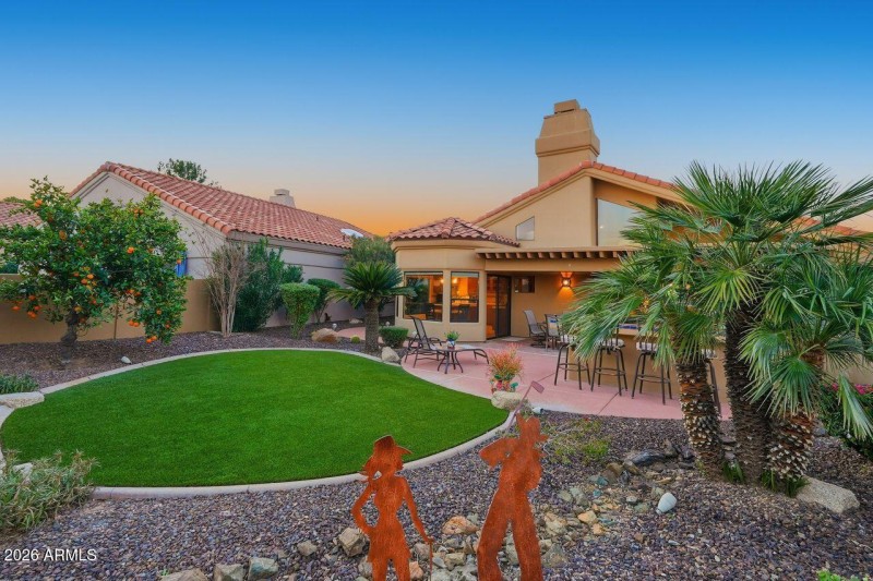 Faux grass and fruit trees