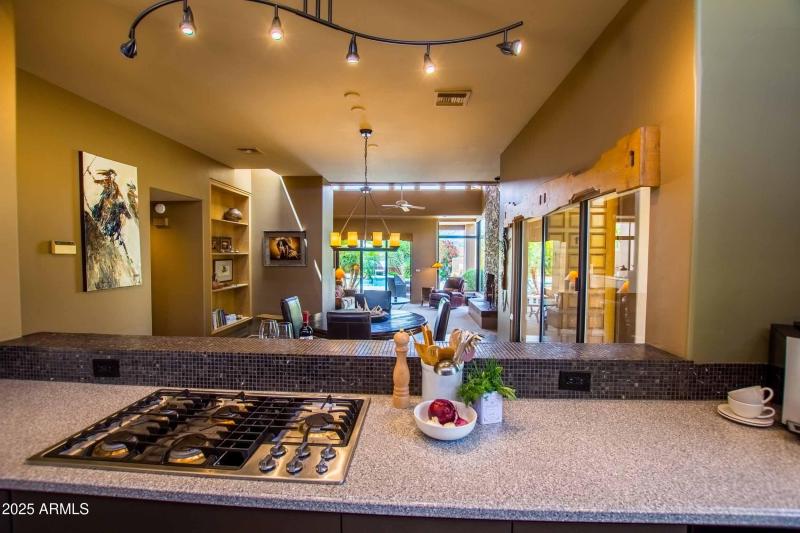 view from the kitchen to the pool
