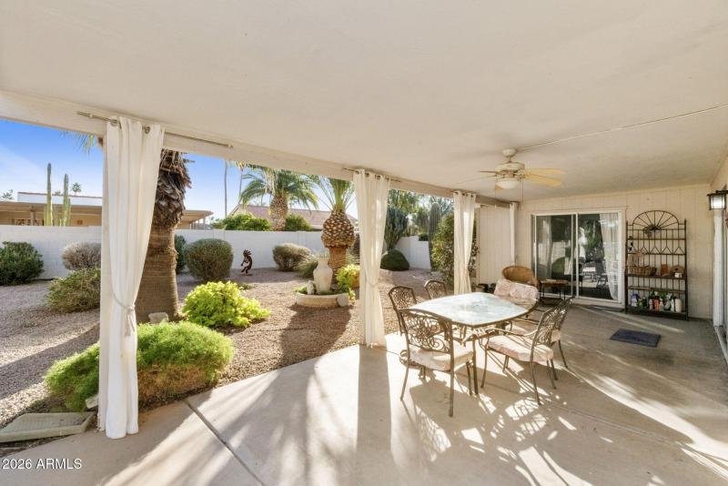 Covered patio view t backyard