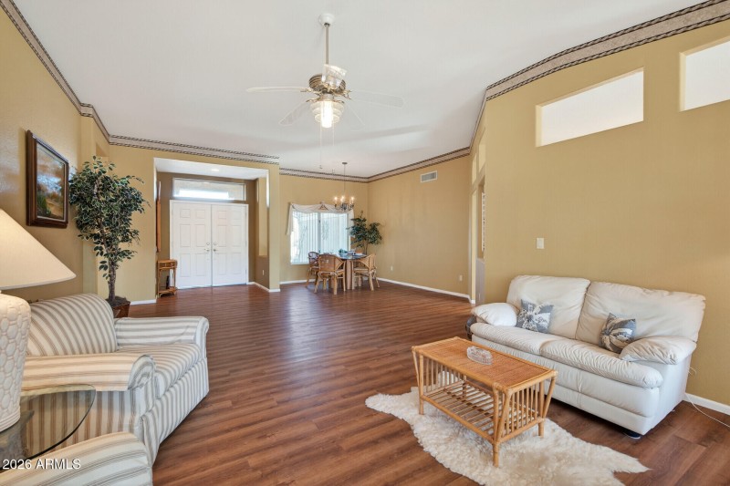 Living room toward entry & dining area