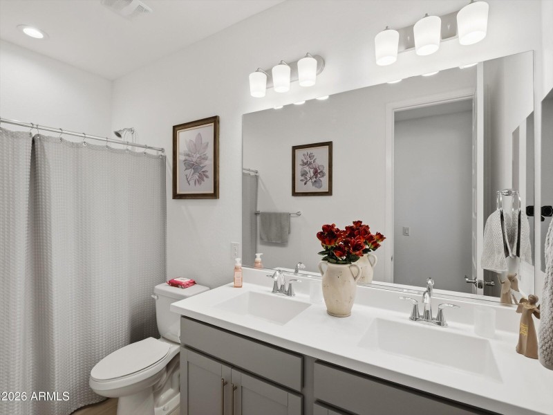 Dual Vanity at Hall Bathroom