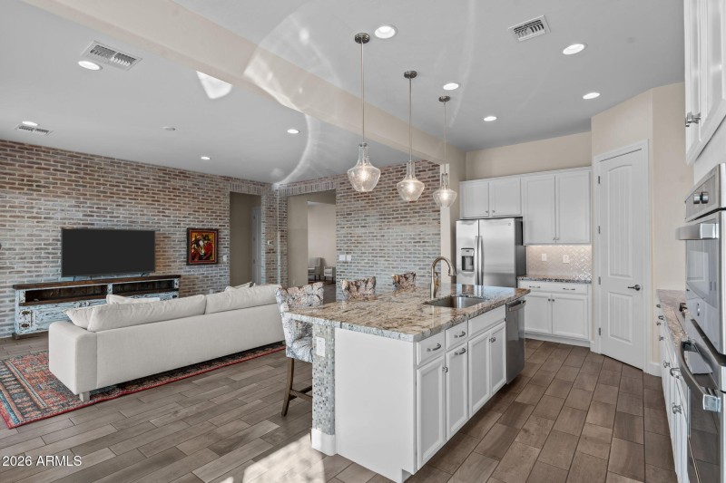 view from dining area to great room