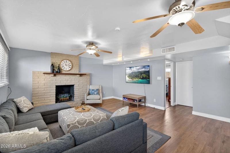 Woodburning fireplace keeps it cozy