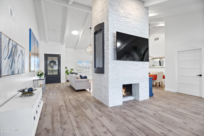 waterfall and 2-way fireplace