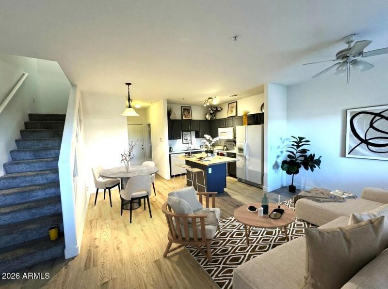 dining - kitchen - living staged