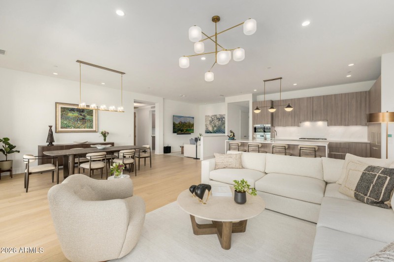 living dining kitchen den