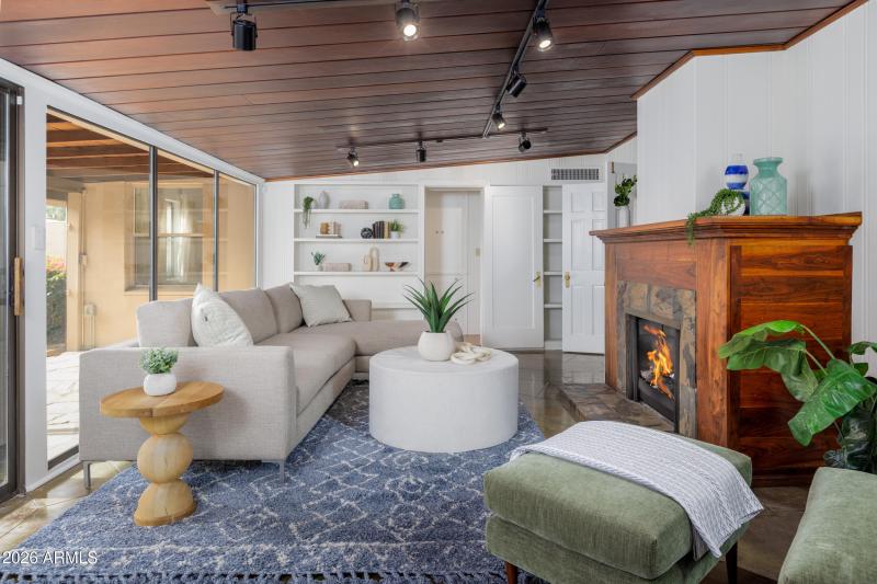 Family room w/ wood beamed ceiling