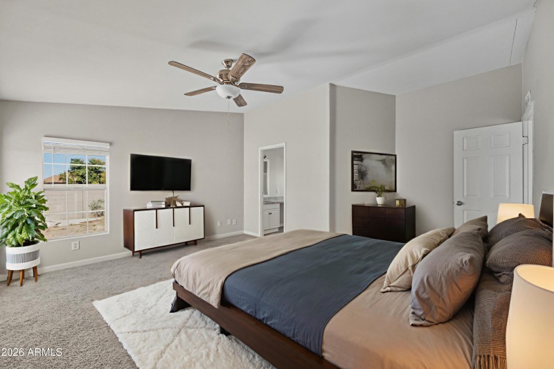 Primary bedroom staged