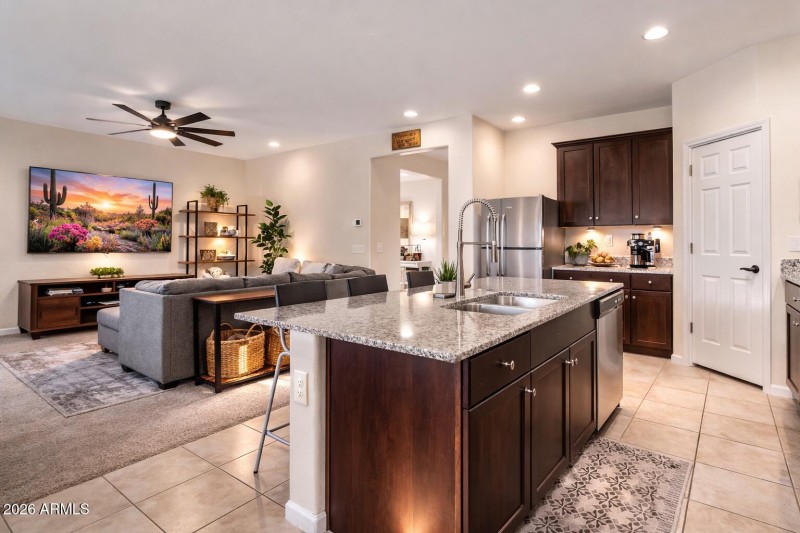 Kitchen looking into living room