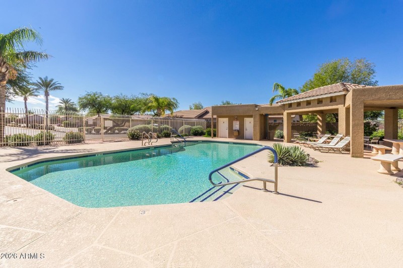 Community pool with covered eating area
