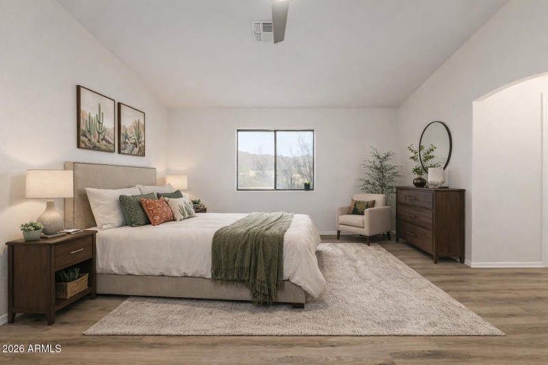Serene master bedroom with desert view