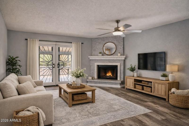 Cozy living room with fireplace and Fren