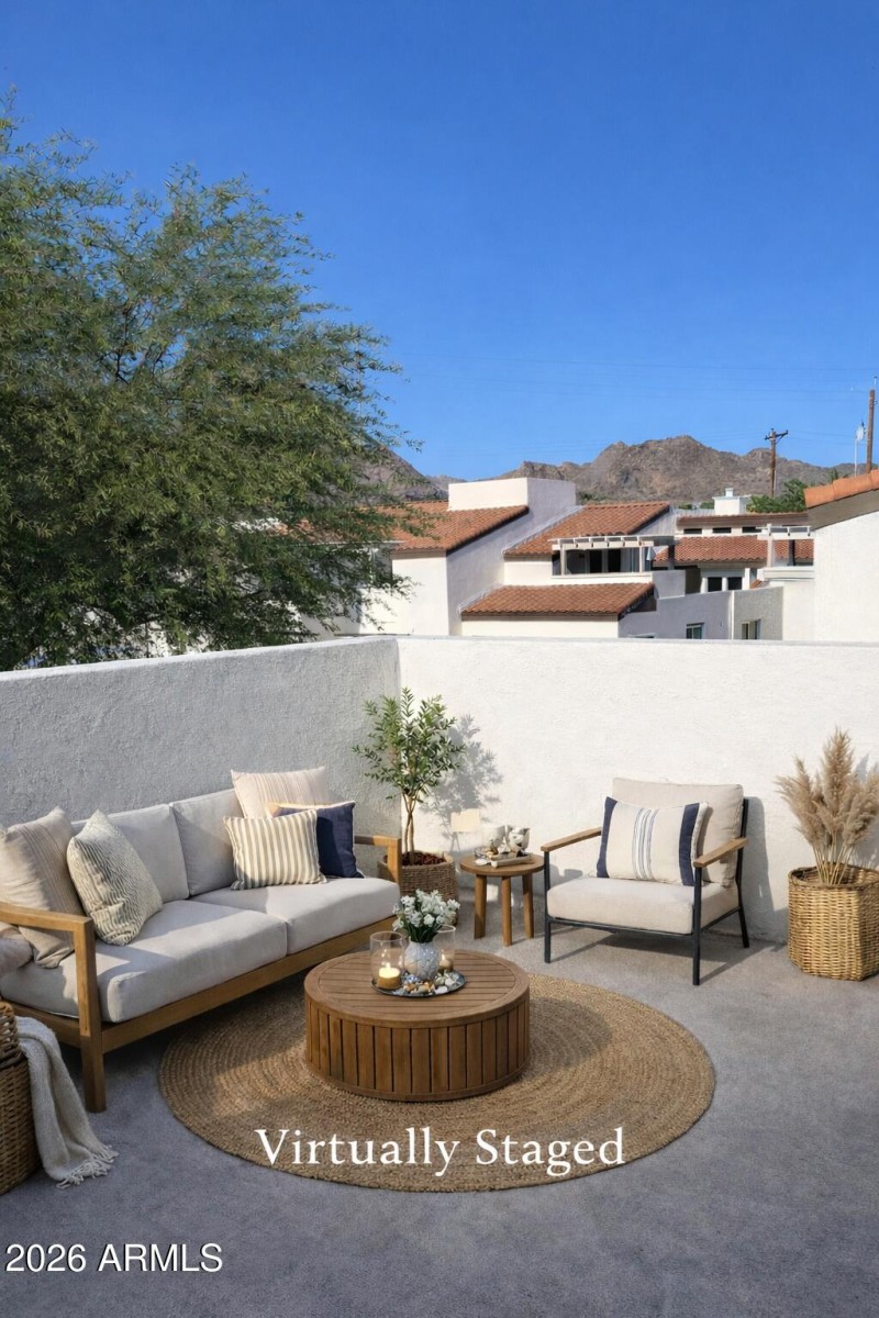 Rooftop patio with mountain views