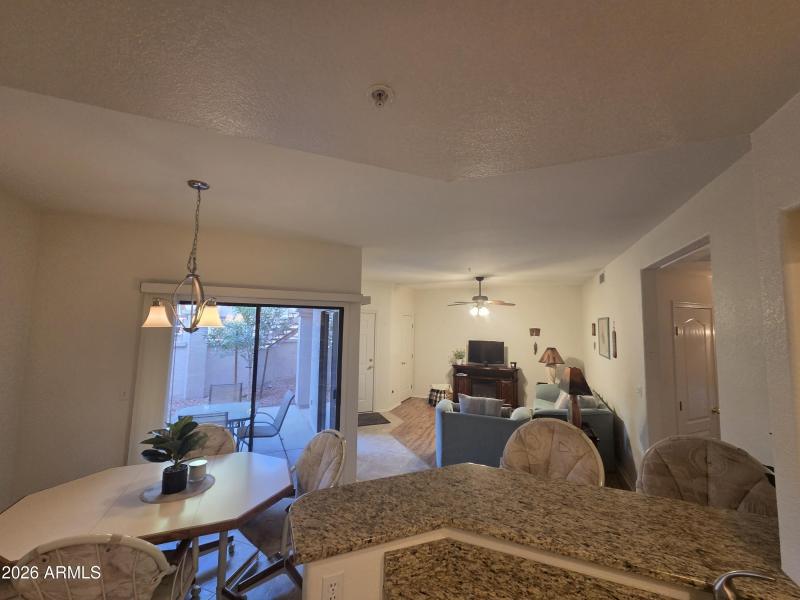 Open concept kitchen, dining, living