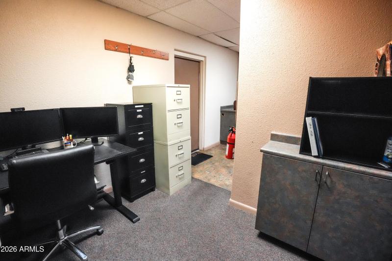 Work station with rear entry door