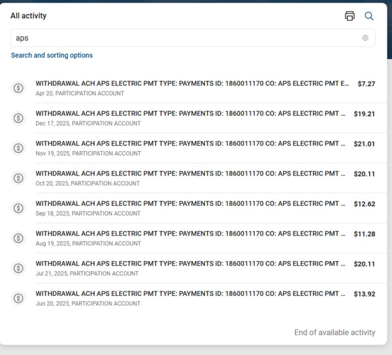 APS Electric Bill Payment History
